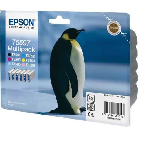Epson T5597 Noir couleur Pingouin Pack de 6 Cartouches d'encre d'origine pas cher - Livraison offerte