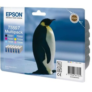 Epson T5597 Noir couleur Pingouin Pack de 6 Cartouches d'encre d'origine pas cher - Livraison offerte