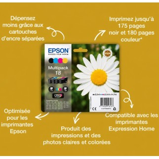 Epson 18 Noir couleur Pack de 4 Cartouches d'encre d'origine pas cher - Livraison offerte