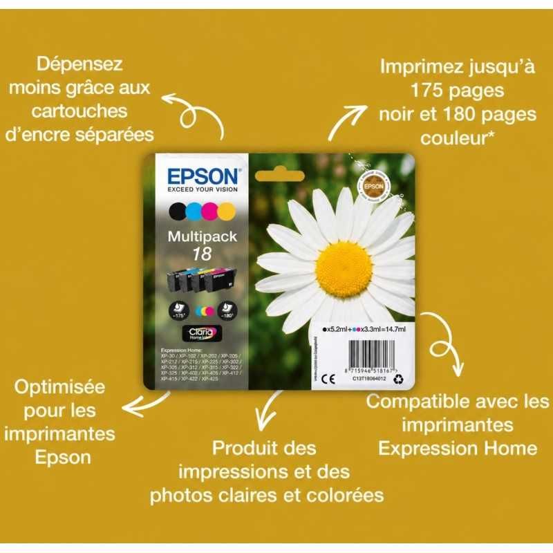 Epson 18 Noir couleur Pack de 4 Cartouches d'encre d'origine pas cher - Livraison offerte