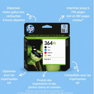 HP 364XL Noir couleur Pack de 4 cartouches d'origine pas cher - Livraison offerte