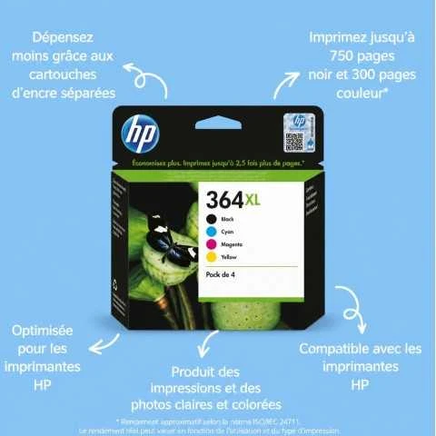HP 364XL Noir couleur Pack de 4 Cartouches originales - N9J74AE