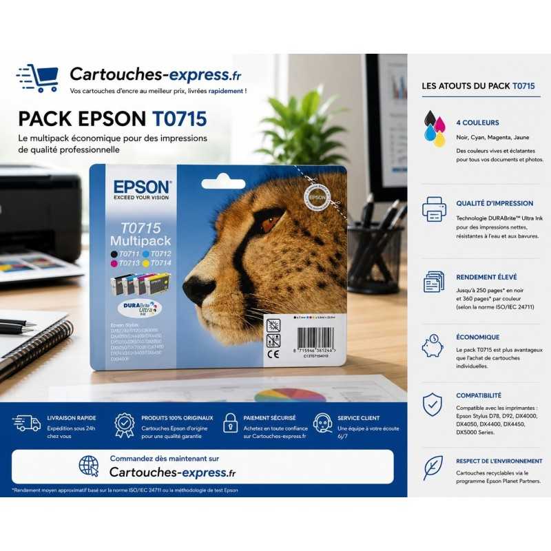 Epson T0715 Noir couleur Guépard Pack de 4 cartouches d'origine pas cher - Livraison offerte