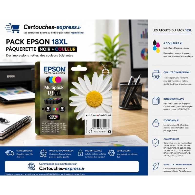 Epson 18XL Noir couleur Pack de 4 Cartouches d'encre d'origine pas cher - Livraison offerte