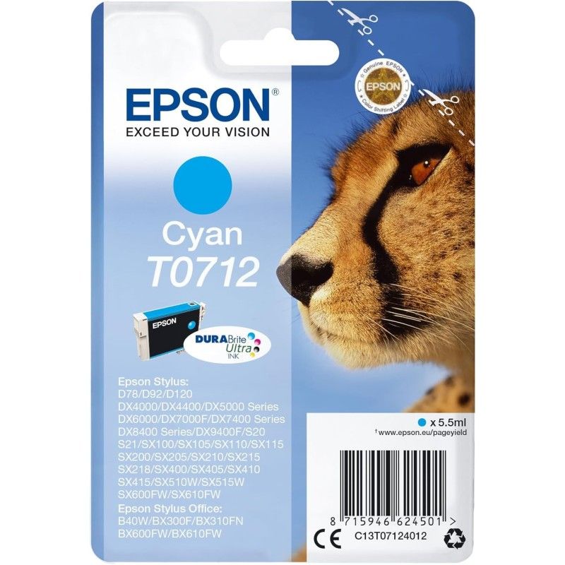 Epson T0712 Cyan Guépard Cartouche authentique au meilleur prix - Livraison offerte