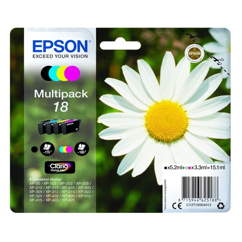 Epson 18 Noir couleur Pack de 4 Cartouches d'encre d'origine pas cher - Livraison offerte
