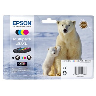Epson 26XL Noir couleur Ours polaire Pack de 4 Cartouches d'encre d'origine pas cher - Livraison offerte